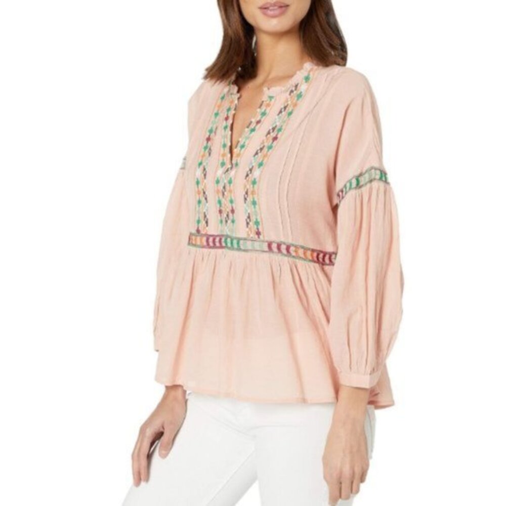 Lucky Brand Pink Embroidered Long Sleeve Top